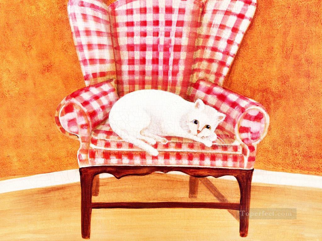 chat blanc dans une chaise Peintures à l'huile